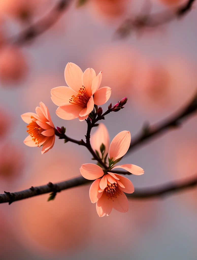 A (close-up (apricot pink flower: 1.2): 1.3), Japanese branches, (sunset: 1.5), lightroom, HDR, movie, (dark: 1.1)