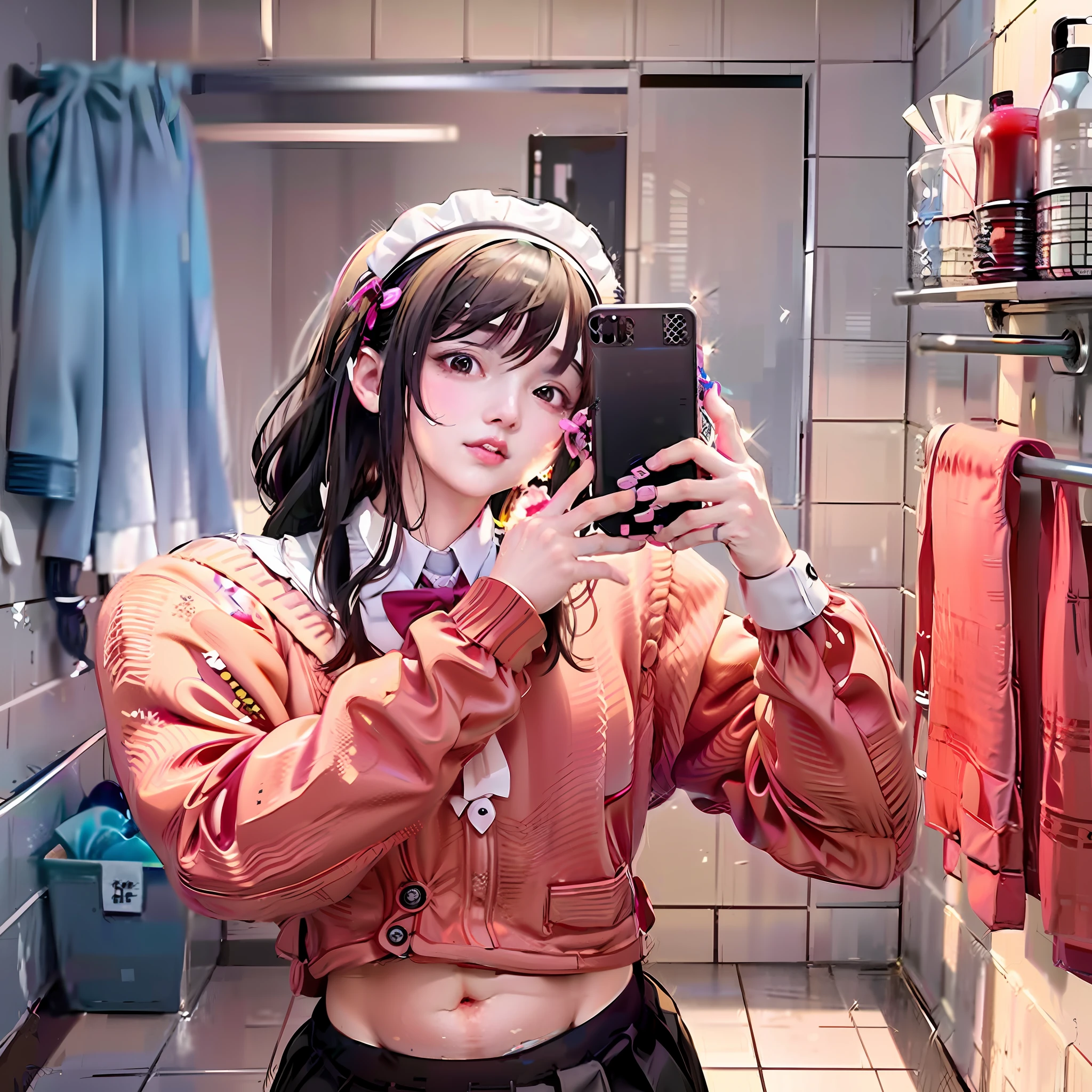 Anime girl taking photos in bathroom, selfie, maid costume, digital anime, guvez style, artwork level, safety rating (SFW), cute, heavy body (thicc), realistic style portrait photo, surreal student, digital anime art.