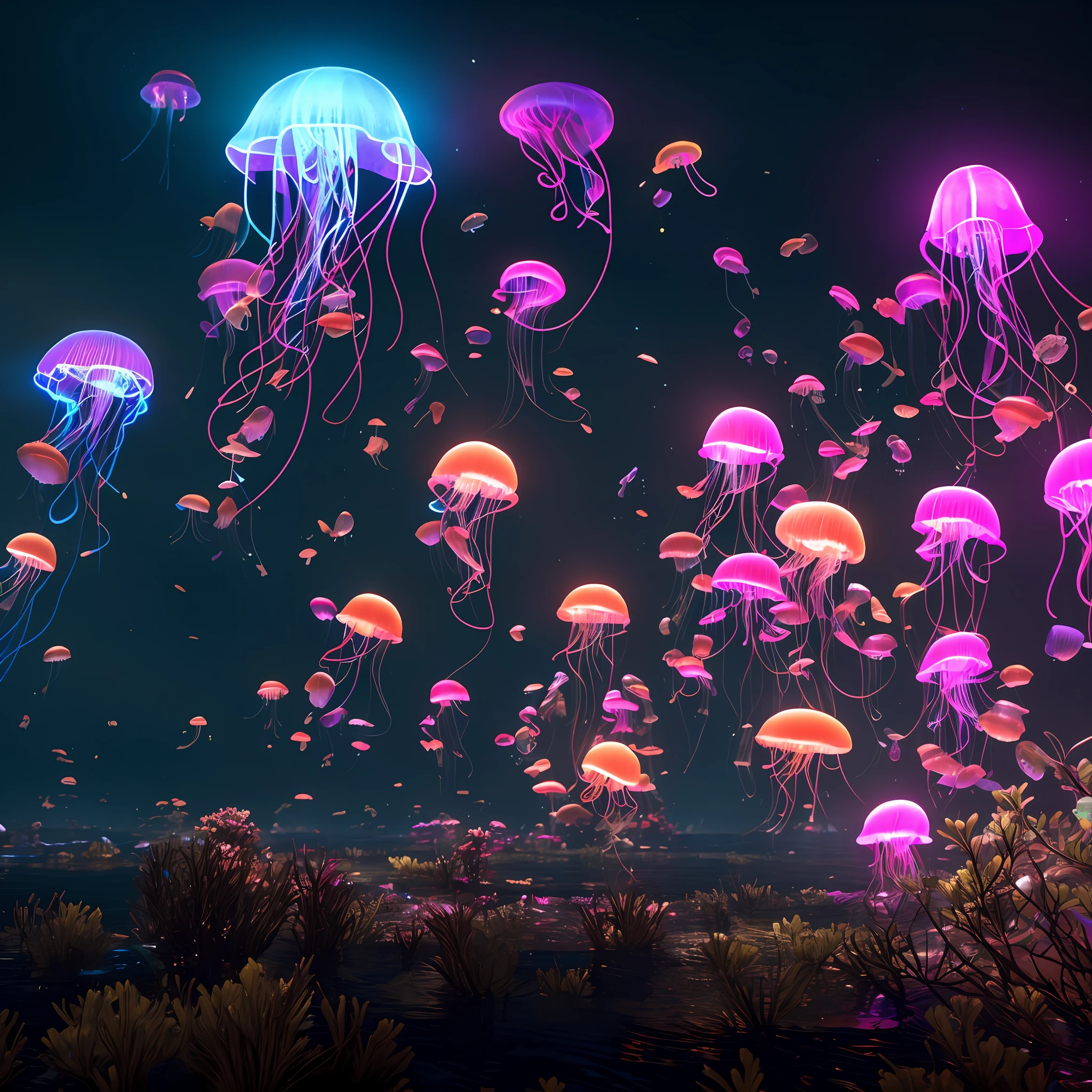 neon jellyfish swimming, jellyfish, dark sea, neon beautiful jellyfish, 3D render, Red Dead Redemption 2 asset, high detailed 3D asset, national geographic, documentary, extremely detailed, 4k