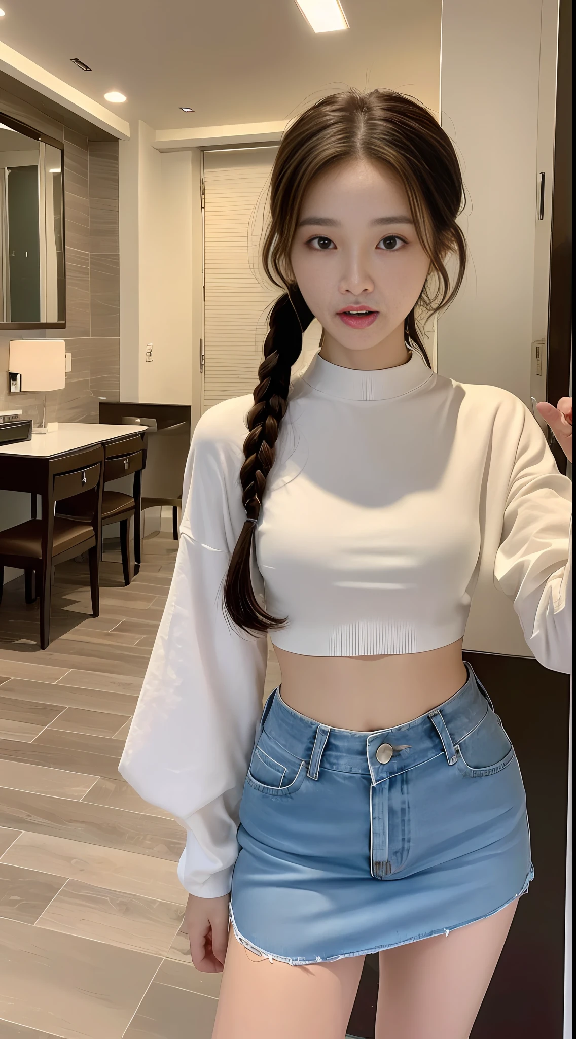 ((Top Quality, 8k, Masterpiece: 1.3)), 1 Girl, Pretty Women Emphasizing Slender Abs: 1.3, (Random Hairstyles, Huge: 1.5), Casual Outfit: 1.2, Indoors, Ultra Detailed Face, Detailed Eyes, Double Eyelids Mini Skirt Summer Moist eyes