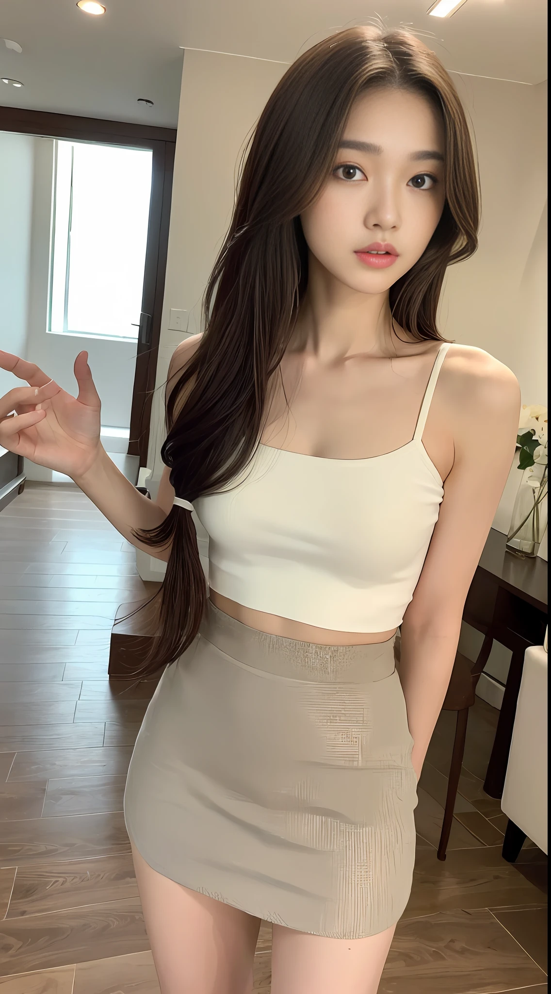 ((Top Quality, 8k, Masterpiece: 1.3)), 1 Girl, Pretty Women Emphasizing Slender Abs: 1.3, (Random Hairstyles, Huge: 1.5), Casual Outfit: 1.2, Indoors, Ultra Detailed Face, Detailed Eyes, Double Eyelids Mini Skirt Summer Moist eyes