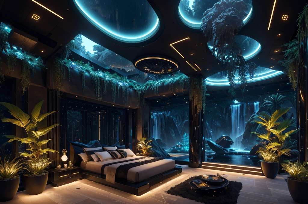 incredible black luxurious futuristic bedroom interior in Ancient Egyptian style with many (((lush plants))) (lotus flowers), ((palm trees)), ((flowers)), rocky walls, ((sand)), ((waterfalls)) (marble), ((precious minerals)), ((metals)), (gemstones), crystals, clouds and ((water)), (curvy futuristic furniture), (hieroglyphics), ((trees, flowers, plants made out of precious minerals and lights)), (((ultra luxury))), (black marble) – with ((beautiful lights)), Unreal Engine, HQ, 16k