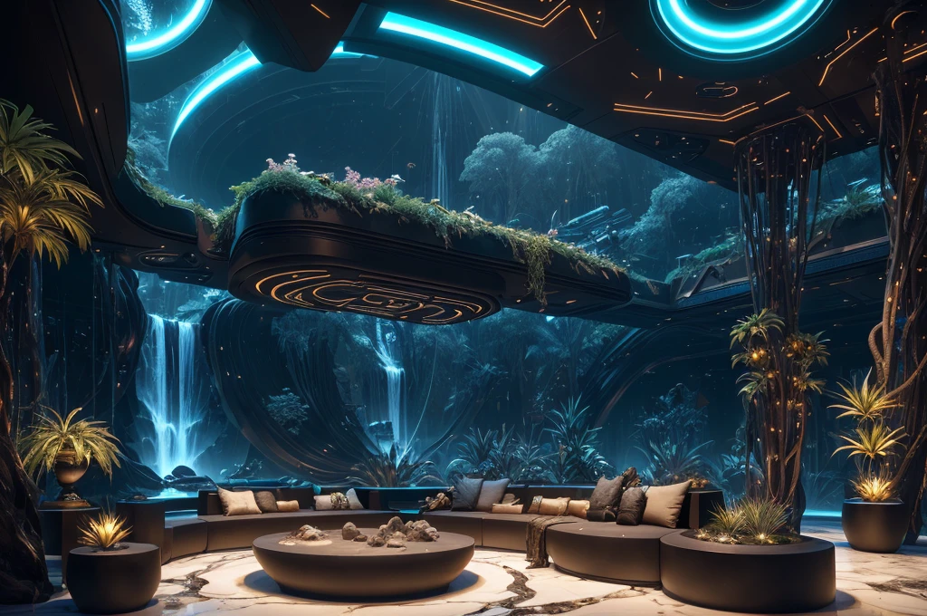 incredible black luxurious futuristic interior in Ancient Egyptian style with many (((lush plants))) (lotus flowers), ((palm trees)), ((flowers)), rocky walls, ((sand)), ((waterfalls)) (marble), ((precious minerals)), ((metals)), (gemstones), crystals, clouds and ((water)), ((curvy futuristic furniture)), (hieroglyphics), ((trees, flowers, plants made out of precious minerals and lights)), (((ultra luxury))), (black marble) – with ((beautiful lights)), Unreal Engine, HQ, 16k
