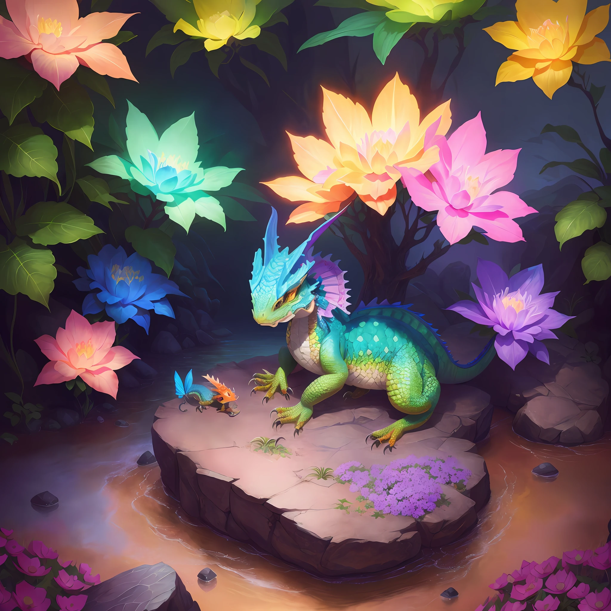 brightly colored dragon in a garden with flowers and butterflies, adorable digital painting, newly hatched dragon, cute detailed digital art, realistic fantasy illustration, super detailed color lowpoly art, detailed digital 2d fantasy art, digital painting highly detailed, procreate illustration, colorful concept art, highly detailed digital painting, cute little dragon, childrens art in artstation, detailed fantasy illustration