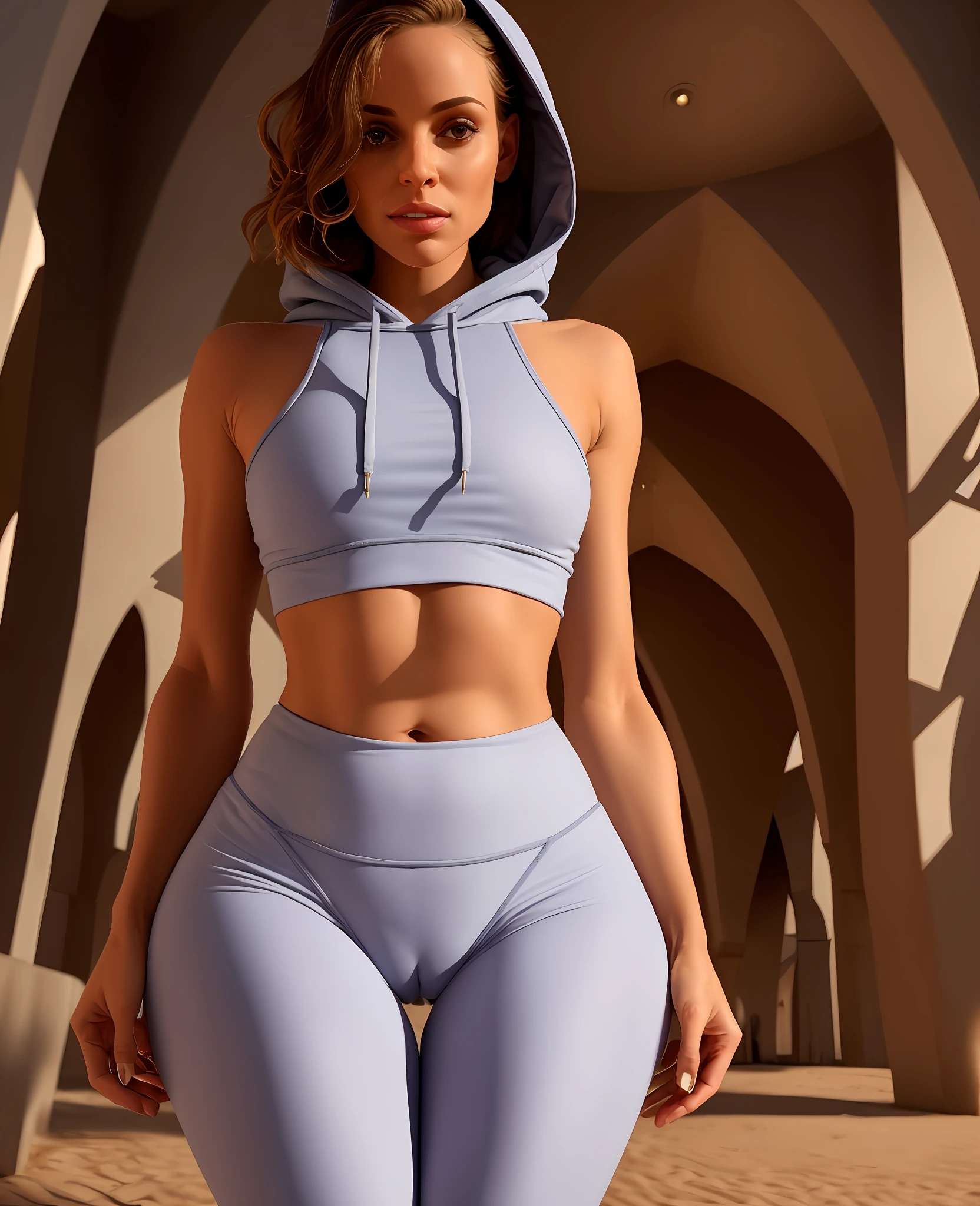 best quality, masterpiece, wearing leggings and a crop top hoodie, cameltoe, thigh gap, slim, petite, detailed facial features, detailed, symmetry, cinematic lighting, cameltoe