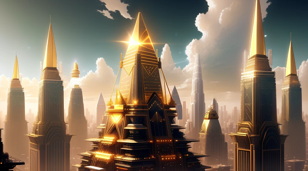 "A futuristic background of a golden glass pyramid with laser beams leads to a hyper-realistic scific city with huge skyscrapers. The hyper resolution of the background is 4k and has an aspect ratio of 16:9.golden pyramid,golden,shiny,glow,gold"