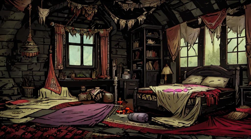 ConceptArt, no_humans, bedroom, blanket, silk, potions, gypsy_fabric