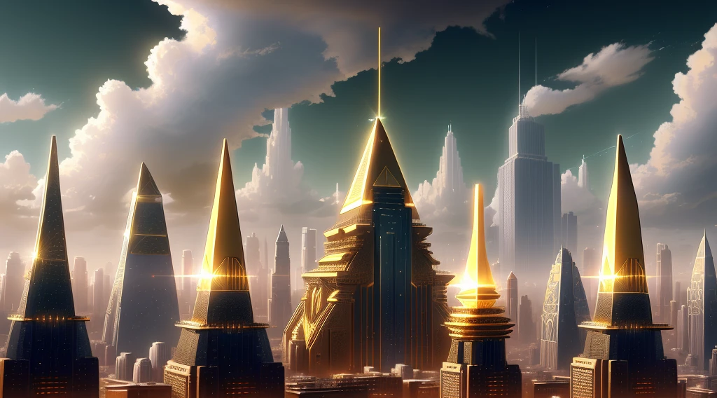 "A futuristic background of a golden glass pyramid with laser beams leads to a hyper-realistic scific city with huge skyscrapers. The hyper resolution of the background is 4k and has an aspect ratio of 16:9.golden pyramid,golden,shiny,glow,gold"