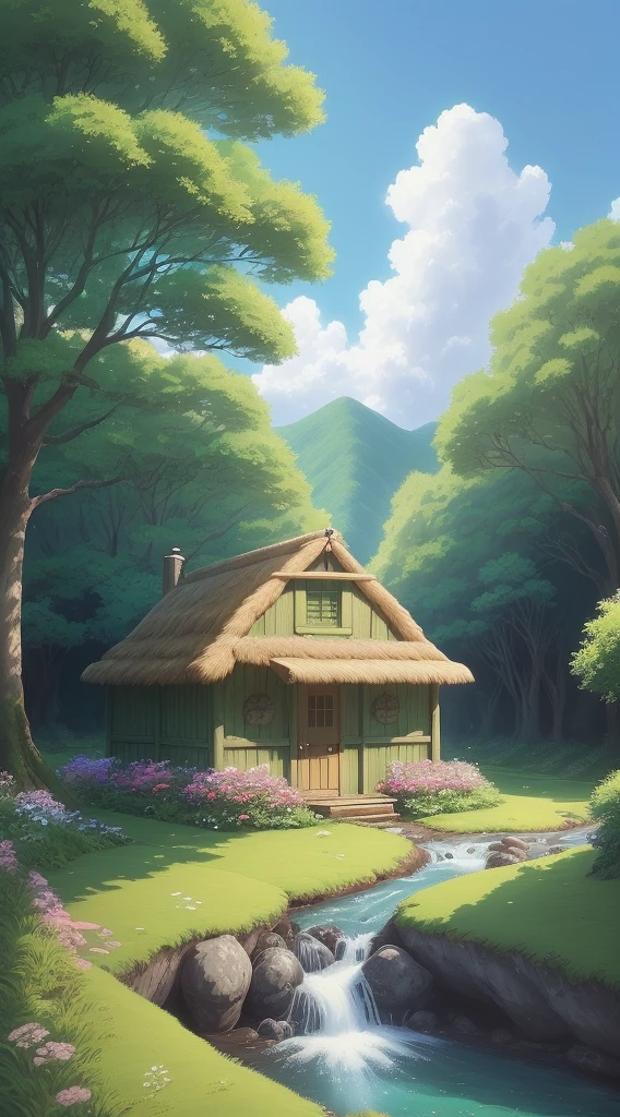 Draw a small hut in a green valley with a stream running through it, anime country landscape, detailed landscape - width 672, anime landscape, Studio Ghibli landscape, anime landscape wallpaper, made of trees and fantasy valley, beautiful anime landscape, detailed painting 4 K, blue sky, large white clouds, with sun exposure