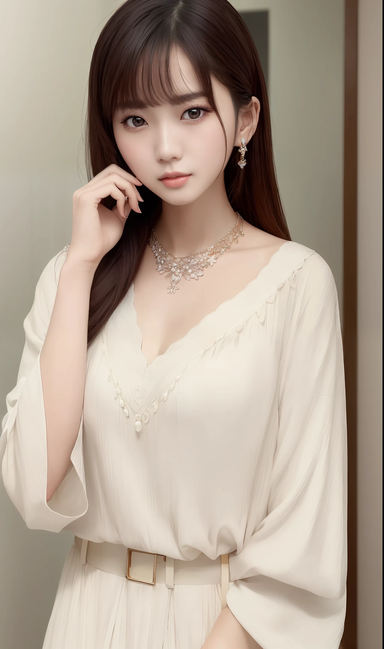 a close up of a woman with a necklace on her neck, a picture by Ni Tian, instagram, realism, ulzzang, young adorable korean face, beautiful aesthetic face, girl cute-fine-face, with cute - fine - face, wan adorable korean face, lovely delicate face, cute natural anime face, korean girl, popular south korean makeup