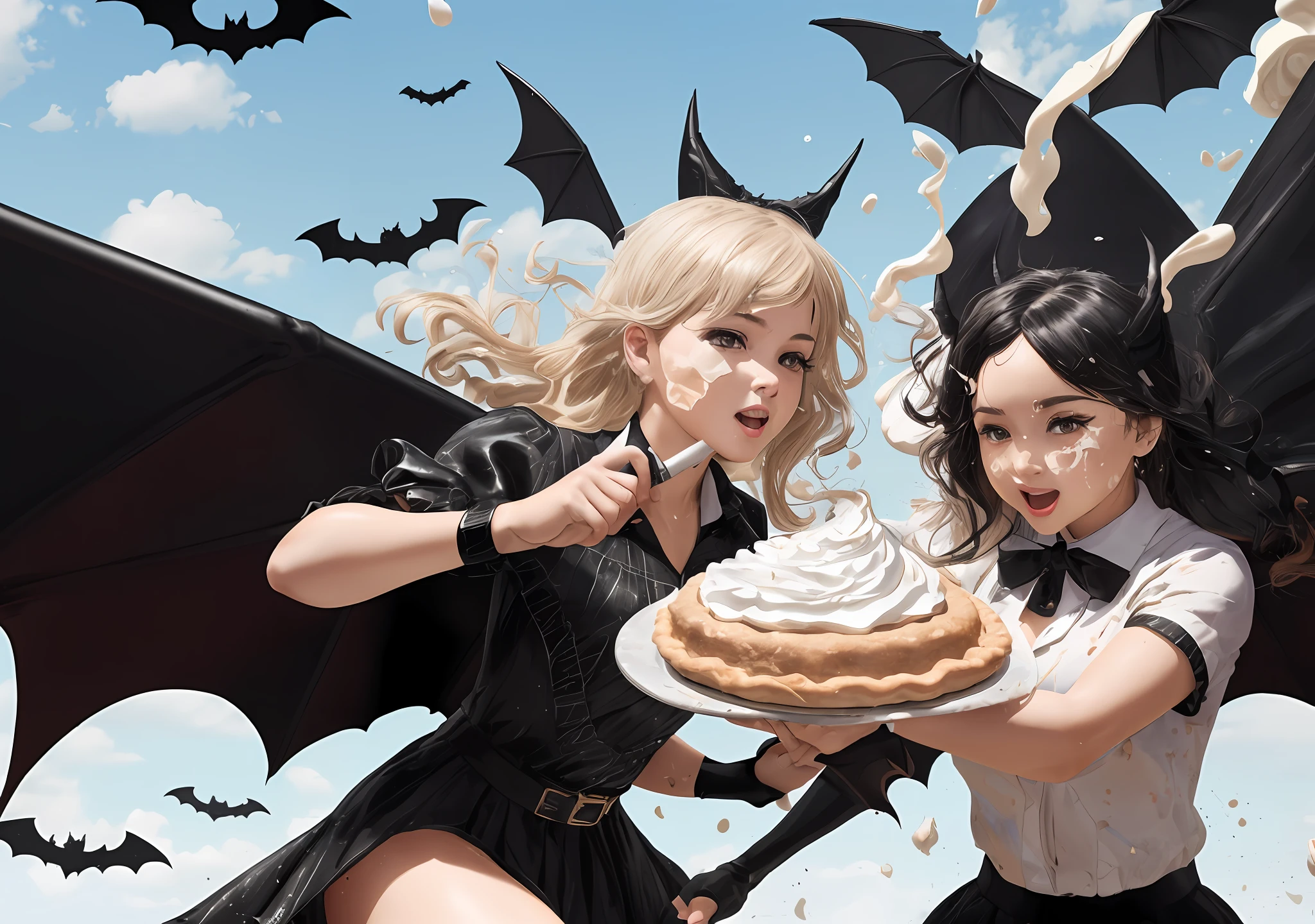 (extremely detailed CG unity 8k wallpaper, masterpiece, best quality, ultra-detailed), (best illumination, best shadow, dynamic angle, dynamic pose), (2women), (messy), (with black bat wings:1.6), maiden, cute, petite figure, slender, (detailed outfits:1.6), are participating in a (huge pie-throwing contest), on a (television gameshow). Watch them get (splattered with whipped cream pies splattered all over their face and body: 3,3). It’s a (messy game: 9,9) and (wet and messy: 1,9) experience as they endure (body covered in pies: 8,8) from the (pie toss) and (pie throw: 1,9) and (pie fight: 1,9), with (flying cream), (large pie splatters: 1,9) and (pies thrown galore), (dynamic), (action shot), cream Smear, large cream splatters, stained hair