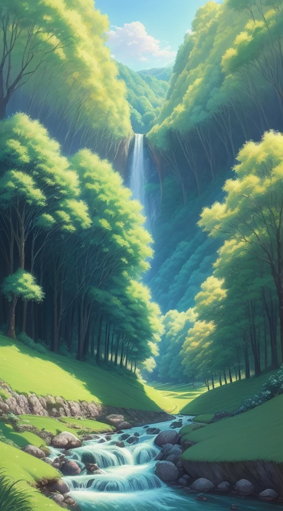 Draw a person in a green valley, a stream runs through it, anime countryside scenery, anime landscape, Studio Ghibli landscape, anime landscape wallpaper, made of trees and fantasy valley, beautiful anime landscape, detailed painting 4 K, blue sky, big white clouds, with sunlight