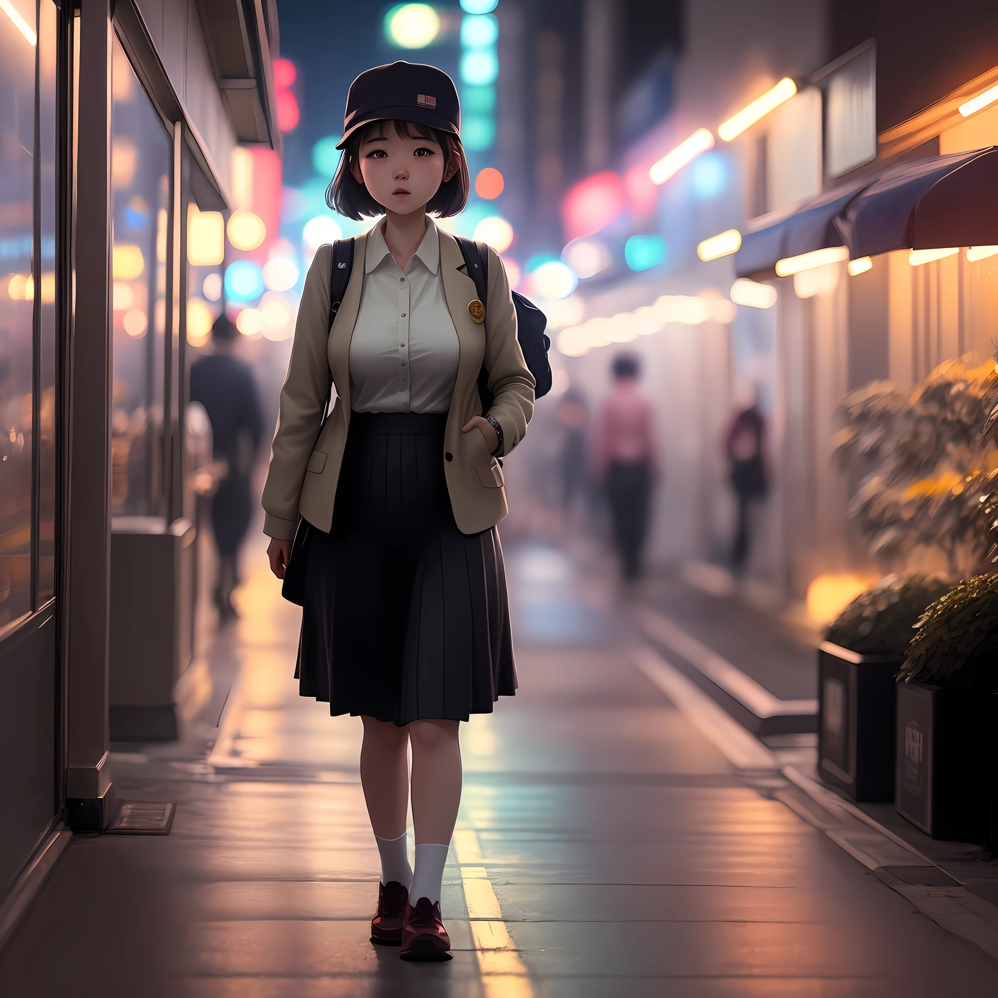Korean detective girl walking on the City night view, solo girl, cinematic style soft lighting glow effect