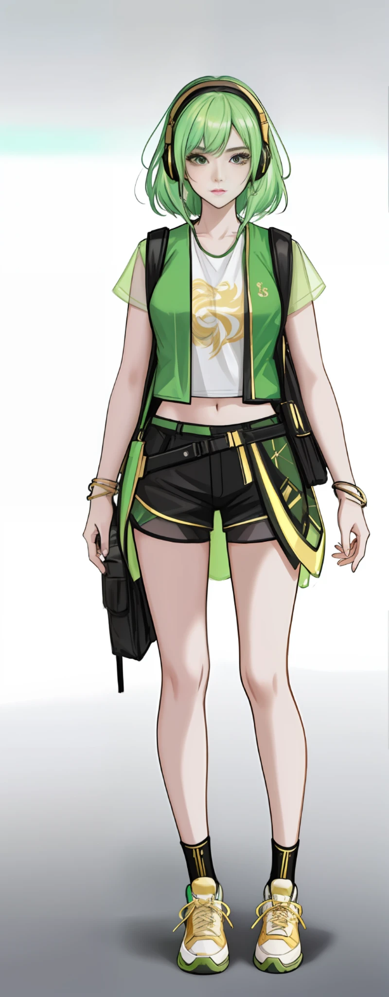 girl, vertical painting, natural light, global light, front view, fashion, gold dragon pattern, pattern, clothing, headset, sophisticated, generate more details, light green hair, dark green vest, light green t-shirt, black shorts, sneakers, black backpack, modern, anime style, anime, modern, futuristic, first-person perspective, panorama, concept art, uhd, masterpiece, ccurate, textured skin, super detail, high detail, high detail, high quality, best quality, high resolution, no background, white background