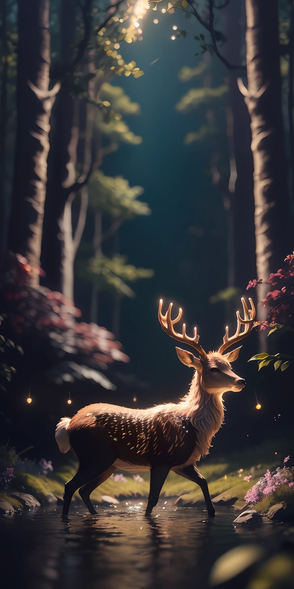 Masterpiece, best quality, (very detailed CG unified 8k wallpaper), (best quality), (best illustration), (best shadow), glowing elf with a glowing deer, drinking water in the pool, natural elements in forest theme. Mysterious forest, beautiful forest, nature, surrounded by flowers, delicate leaves and branches surrounded by fireflies (natural elements), (jungle theme), (leaves), (branches), (fireflies), (particle effects) and other 3D, Octane rendering, ray tracing, super detailed --v6, deer