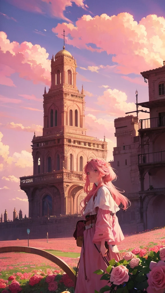 Summer, desert, pink clouds, a land overgrown with roses stands beautiful girl, James Gurney, art station rendered, ultra-wide lens, high definition