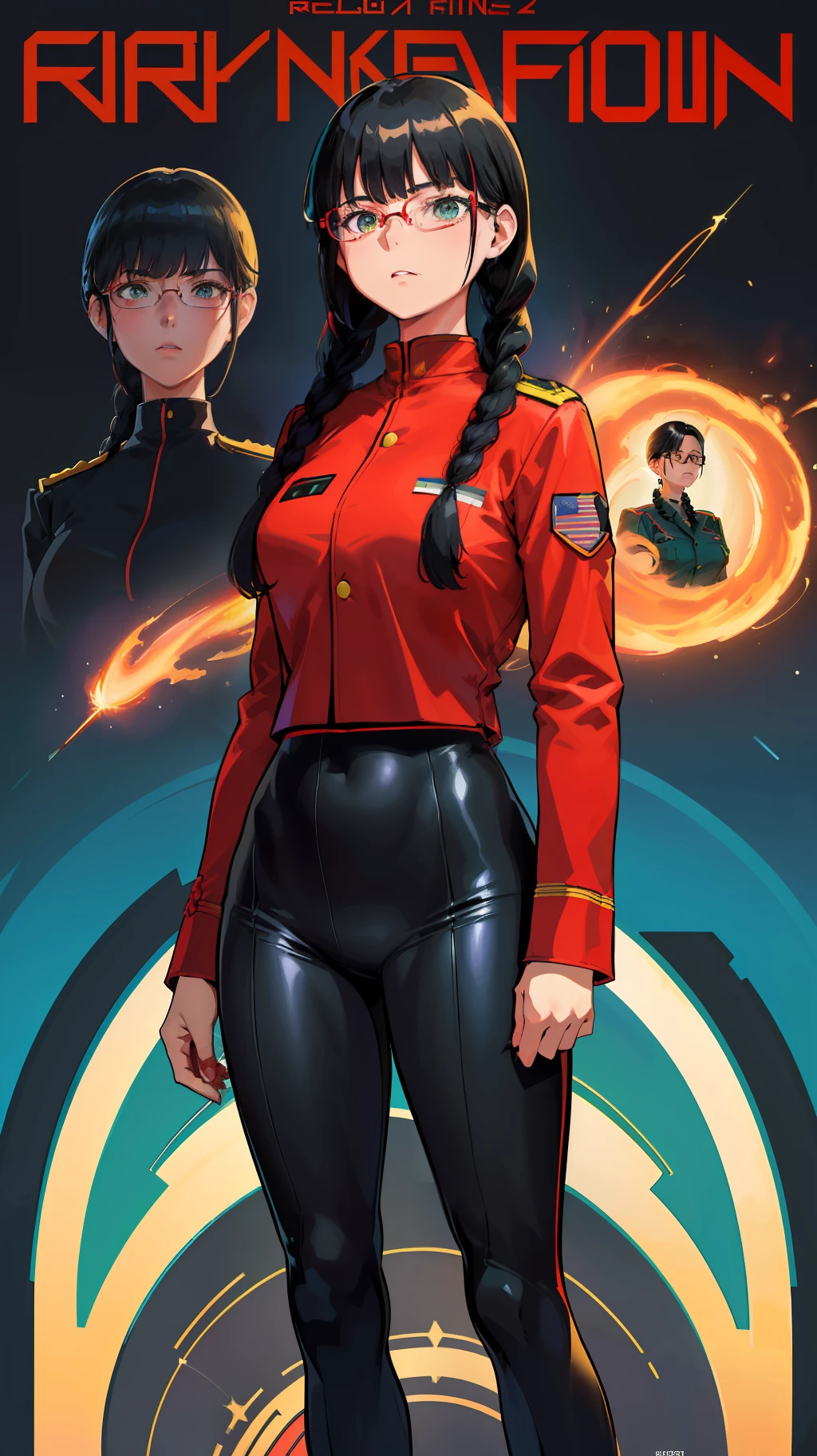 Human-like,Movie Poster,Real,(Face Resolution),Adult,Woman,25 years old,Dark green eyes,Dark black hair,Red glasses,(Double Braid hairstyle),(Smooth bang shape:1.4)),Commander uniform,Commander uniform,Standing at the Air Force Airfield,Science fiction,Sci-fi,(Reference to the film Foundation)
