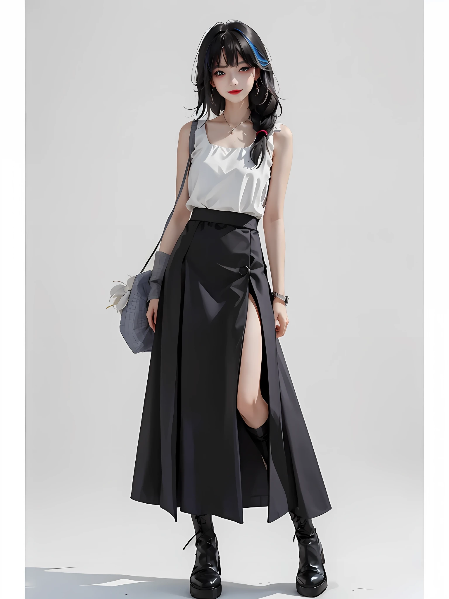 A woman posing for a photo in a black skirt and white blouse, high waist black skirt, long skirt, elegant asymmetry, wearing popular long skirt, medium length skirt, wide skirt, wearing a vest and skirt, modern casual clothing, casual modern clothing with shoulder bag