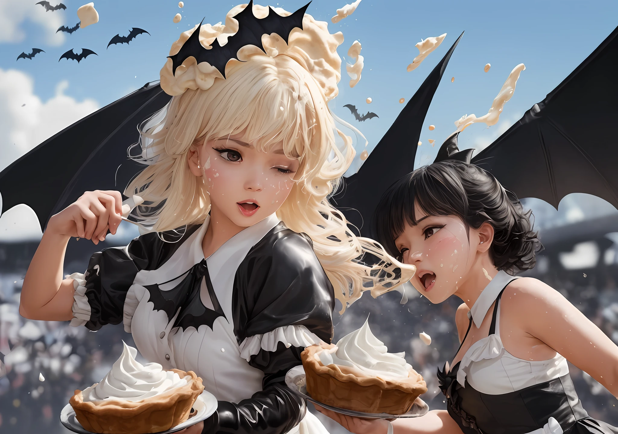 (extremely detailed CG unity 8k wallpaper, masterpiece, best quality, ultra-detailed), (best illumination, best shadow, dynamic angle, dynamic pose), (2women), (messy), (with black bat wings:1.6), maiden, cute, petite figure, slender, (detailed outfits:1.6), are participating in a (huge pie-throwing contest), on a (television gameshow). Watch them get (splattered with whipped cream pies splattered all over their face and body: 3,3). It’s a (messy game: 9,9) and (wet and messy: 1,9) experience as they endure (body covered in pies: 8,8) from the (pie toss) and (pie throw: 1,9) and (pie fight: 1,9), with (flying cream), (large pie splatters: 1,9) and (pies thrown galore), (dynamic), (action shot), cream Smear, large cream splatters, stained hair