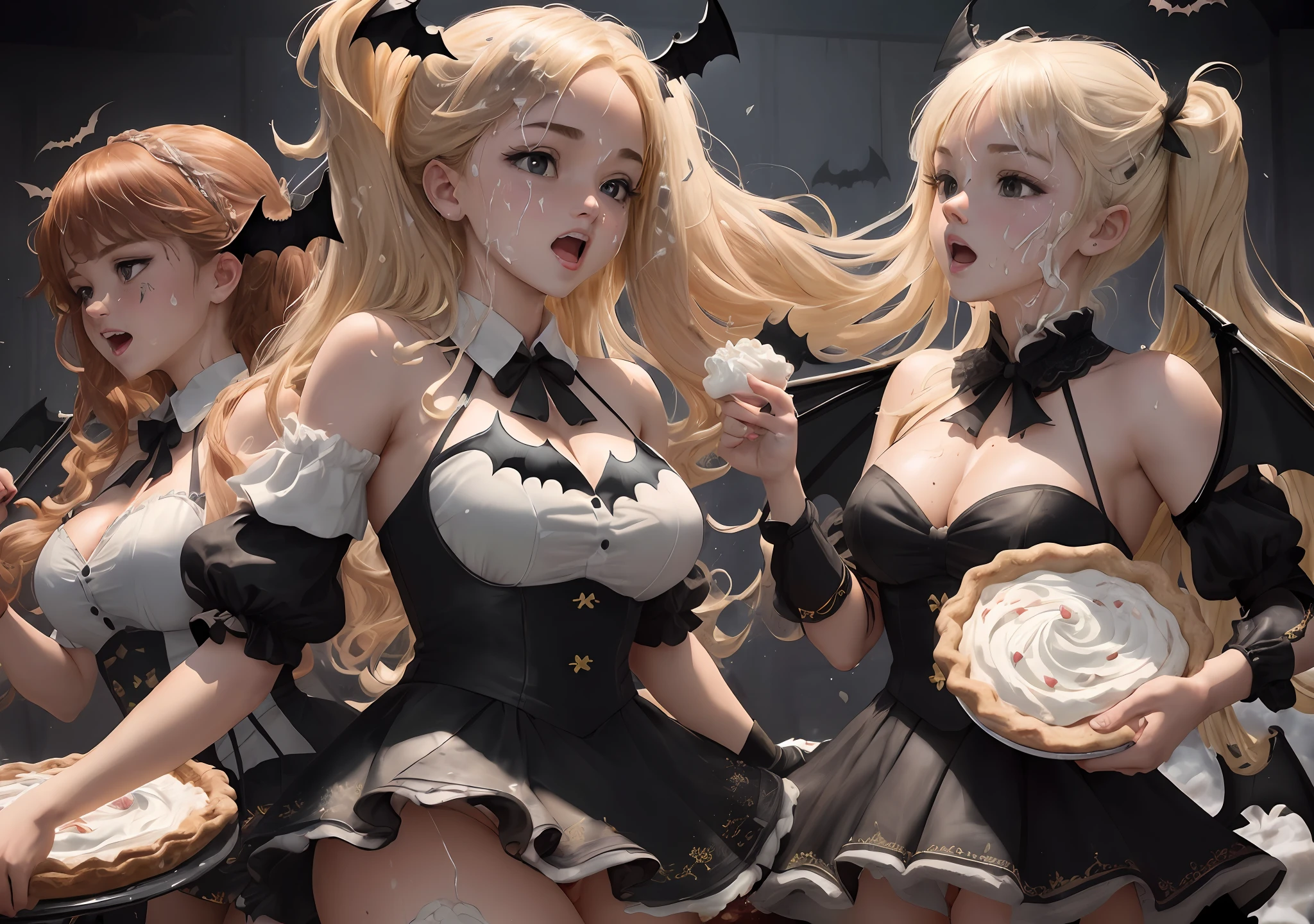 (extremely detailed CG unity 8k wallpaper, masterpiece, best quality, ultra-detailed), (best illumination, best shadow, dynamic angle, dynamic pose), (2women), (messy), (with black bat wings:1.6), maiden, cute, petite figure, slender, (detailed outfits:1.6), are participating in a (huge pie-throwing contest), on a (television gameshow). Watch them get (splattered with whipped cream pies splattered all over their face and body: 3,3). It’s a (messy game: 9,9) and (wet and messy: 1,9) experience as they endure (body covered in pies: 8,8) from the (pie toss) and (pie throw: 1,9) and (pie fight: 1,9), with (flying cream), (large pie splatters: 1,9) and (pies thrown galore), (dynamic), (action shot), cream Smear, large cream splatters, stained hair