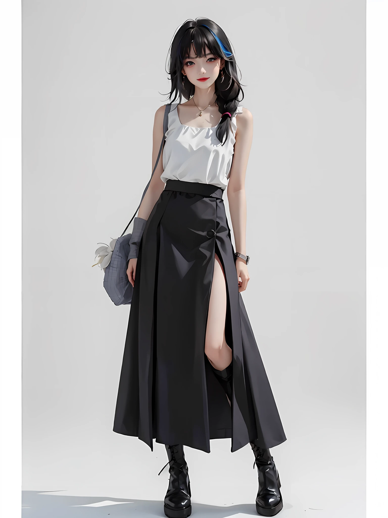 A woman posing for a photo in a black skirt and white blouse, high waist black skirt, long skirt, elegant asymmetry, wearing popular long skirt, medium length skirt, wide skirt, wearing a vest and skirt, modern casual clothing, casual modern clothing with shoulder bag