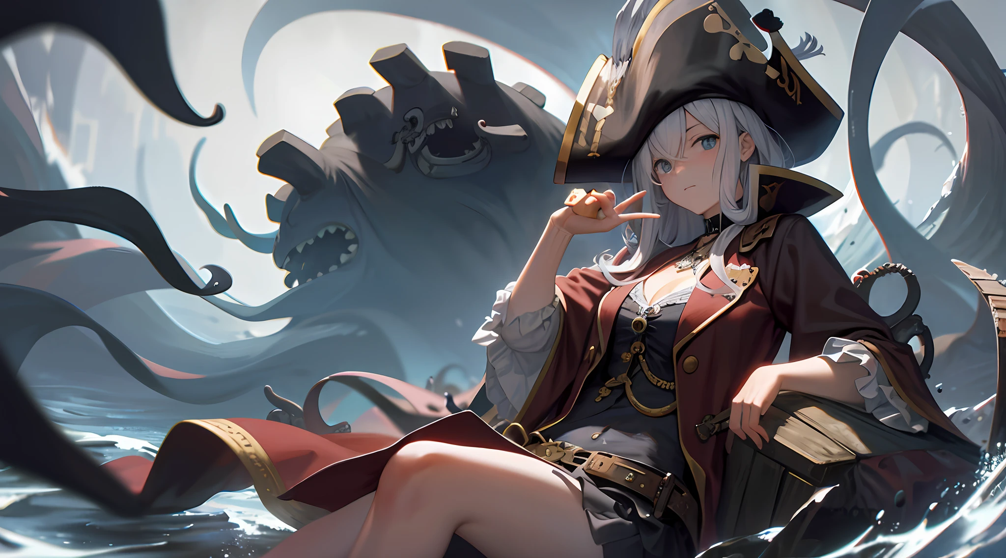 anime girl sitting on a boat with octopus tentacles in the background, cushart krenz key art feminine, guweiz on artstation pixiv, 2. 5 d cgi anime fantasy artwork, trending on artstation pixiv, characters from azur lane, guweiz on pixiv artstation, azur lane style