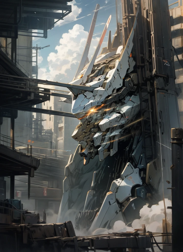 sky, cloud, holding_weapon, no_humans, glowing, , robot, building, glowing_eyes, mecha, fantasy, city, anime,mecha medieval fantasy design, black color