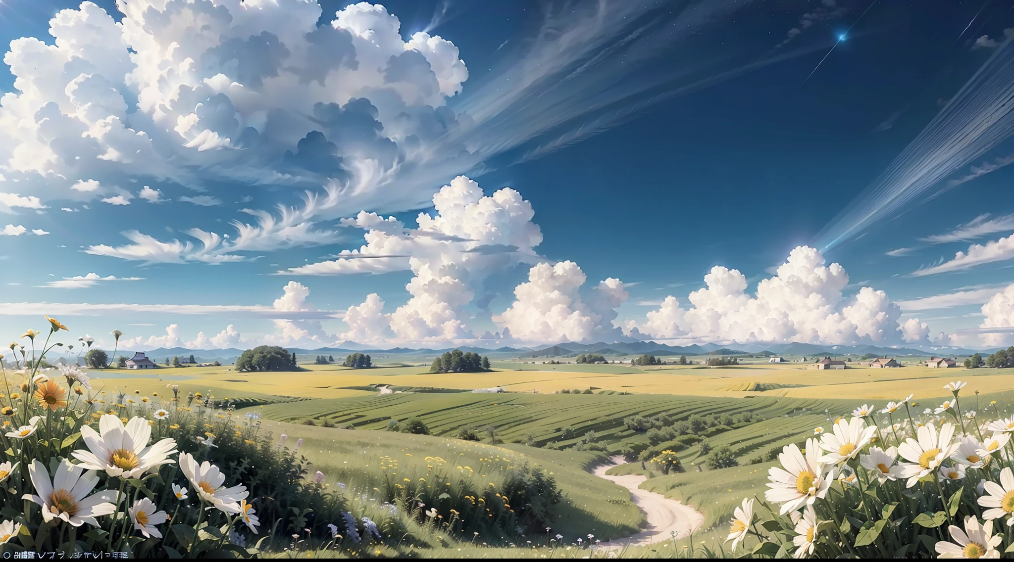 Summer prairie, meadow, few small flowers, large clouds, blue sky, hot weather, HD detail, hyper-detail, cinematic, surrealism, soft light, deep field focus bokeh, ray tracing, and surrealism. --v 6