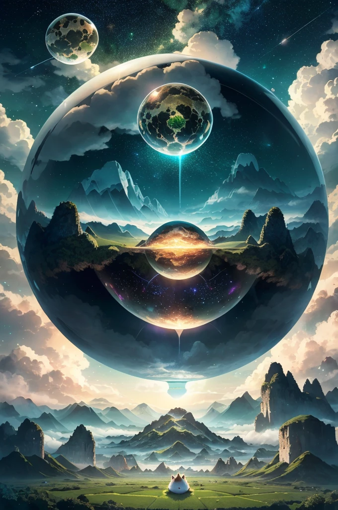 A giant mirror sphere floating in space, flickering lights, sad hamster lost (heaven like green fields surrounded by high mountains and clouds:1.3), particles in the air, god rays, stars in the background, intricate fractals, detailed, (illustration), masterpiece, high resolution, best quality.