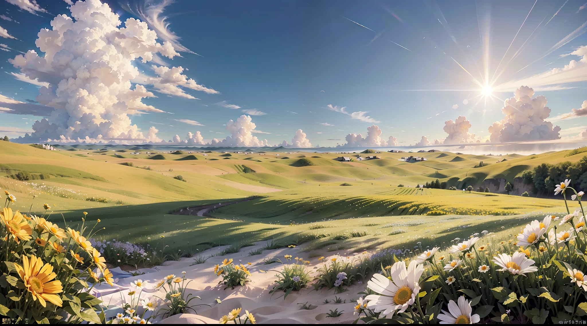 Summer prairie, meadow, few small flowers, large clouds, blue sky, hot weather, HD detail, hyper-detail, cinematic, surrealism, soft light, deep field focus bokeh, ray tracing, and surrealism. --v 6