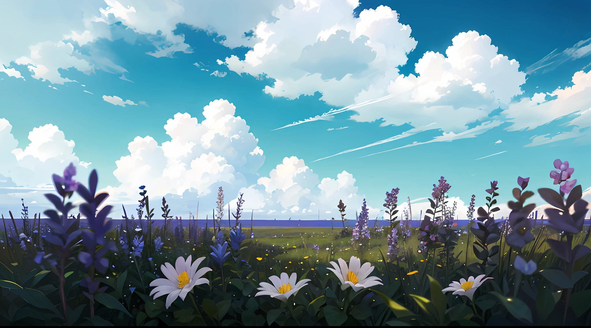 Summer prairie, meadow, few small flowers, large clouds, blue sky, hot weather, HD detail, hyper-detail, cinematic, surrealism, soft light, deep field focus bokeh, ray tracing, and surrealism. --v 6