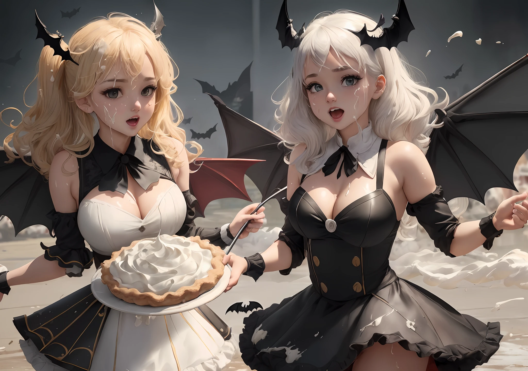(extremely detailed CG unity 8k wallpaper, masterpiece, best quality, ultra-detailed), (best illumination, best shadow, dynamic angle, dynamic pose), (2women), (messy), (with black bat wings:1.6), maiden, cute, petite figure, slender, (detailed outfits:1.6), are participating in a (huge pie-throwing contest), on a (television gameshow). Watch them get (splattered with whipped cream pies splattered all over their face and body: 3,3). It’s a (messy game: 9,9) and (wet and messy: 1,9) experience as they endure (body covered in pies: 8,8) from the (pie toss) and (pie throw: 1,9) and (pie fight: 1,9), with (flying cream), (large pie splatters: 1,9) and (pies thrown galore), (dynamic), (action shot), cream Smear, large cream splatters, stained hair