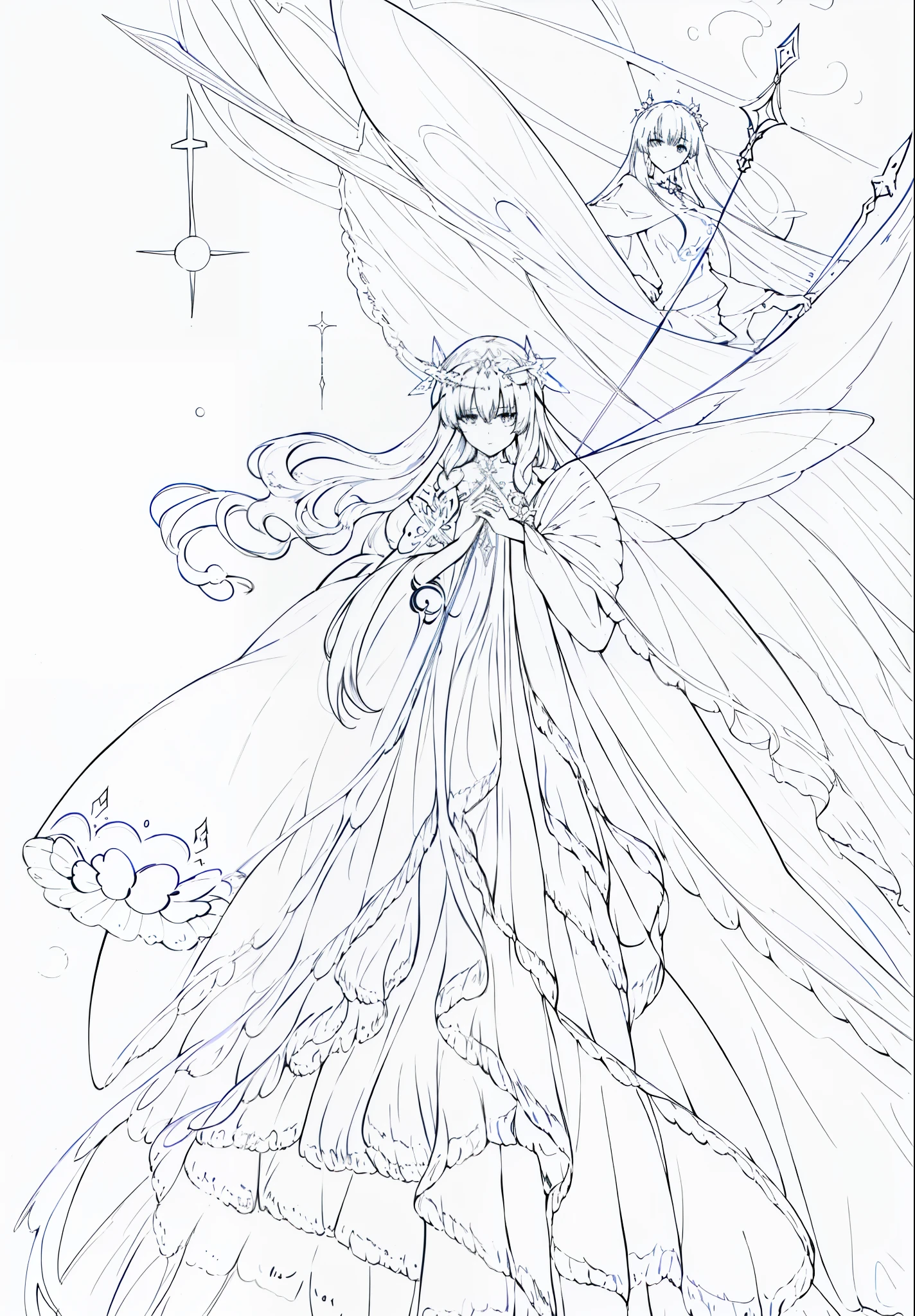 1
a drawing of a woman with a long dress and a cross, astral fairy, sketch of a lucid dream, jellyfish priestess, clean anime outlines, goddess of space and time, sky witch, exquisite line art, outline sketch, clean lineart, astral ethereal, goddess. extremely high detail, flowing hair and long robes, concept art sketch, line sketch