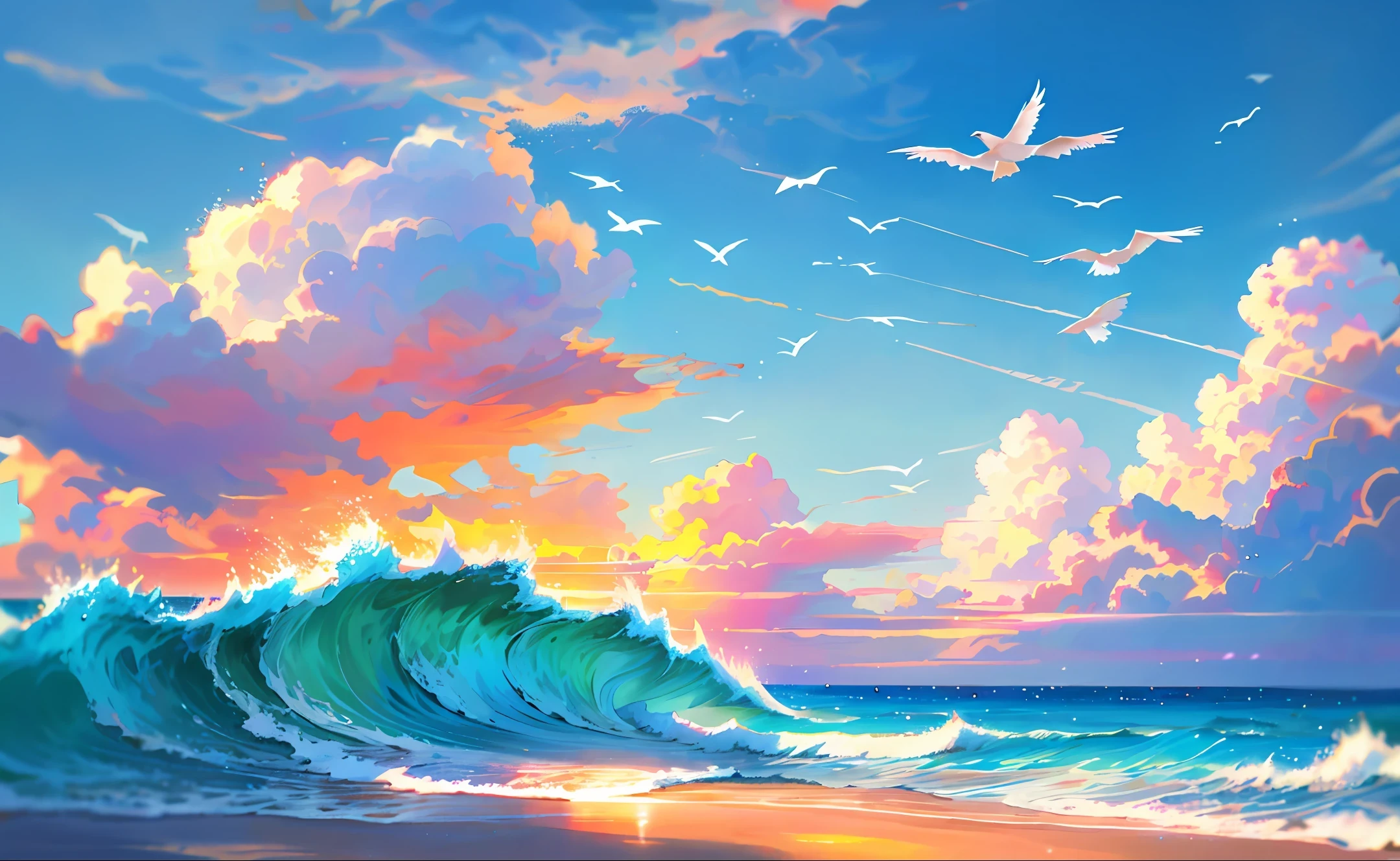beautiful beach with waves sunlight above the sky white clouds birds flying in sky