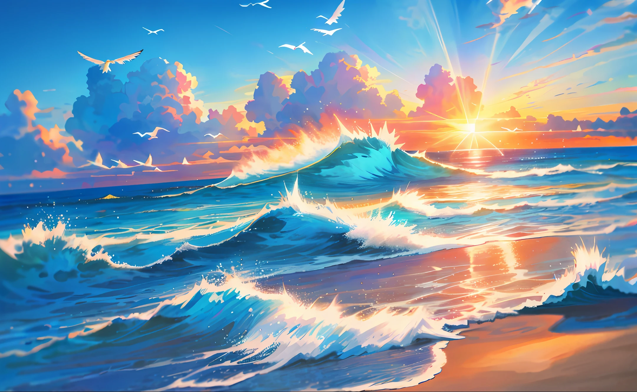 beautiful beach with waves sunlight above the sky white clouds birds flying in sky