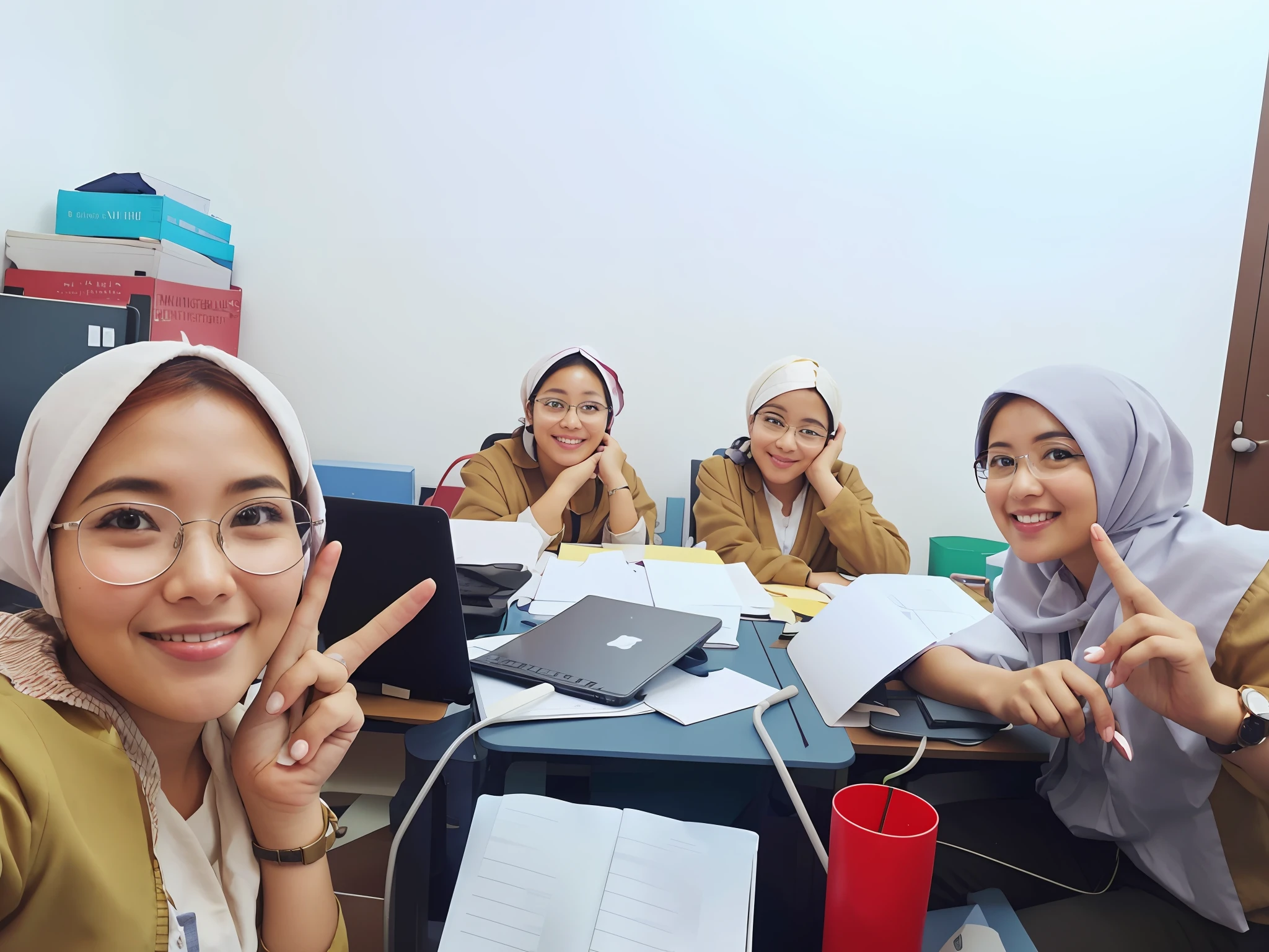 several women sitting at a table with laptops and papers, in office, ๐๐๐โบ๐๐๐, in a classroom, sitting in office, in the office, in pif, in an office, background image, in laboratory, captured on iphone, looking at camera!!!, standing in class, old picture, with accurate face, with apple