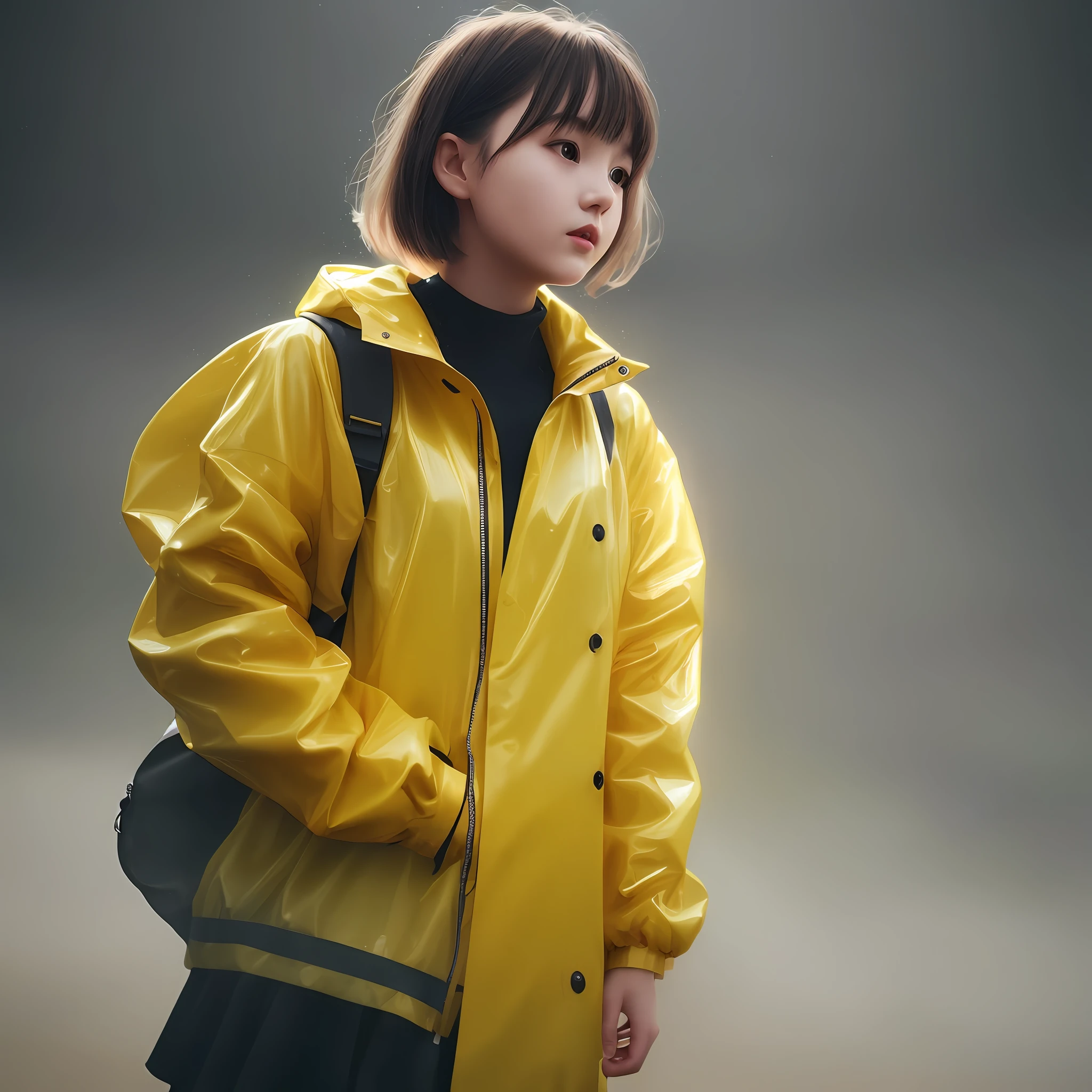 a girl wearing Yellow rain coat,solo girl, cinematic portrait photography, soft lighting glow effect gradient lighting hyper realistic super details