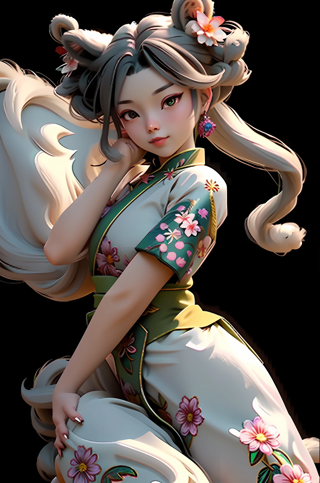 GeminiArmor,杰作,最佳品质,专注,, wearing a huge Chinese lion dance on her head, with eyes leaking out, facing the audience, realistic super detail rendering style, orange, blue, China, clean background, brush, super realistic oil, head close-up, super close-up, exaggerated perspective, contour shadow, mother of pearl rainbow, holographic white, realistic