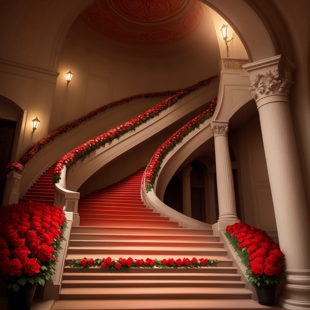 The staircase is covered with red roses. There are lights under the roses