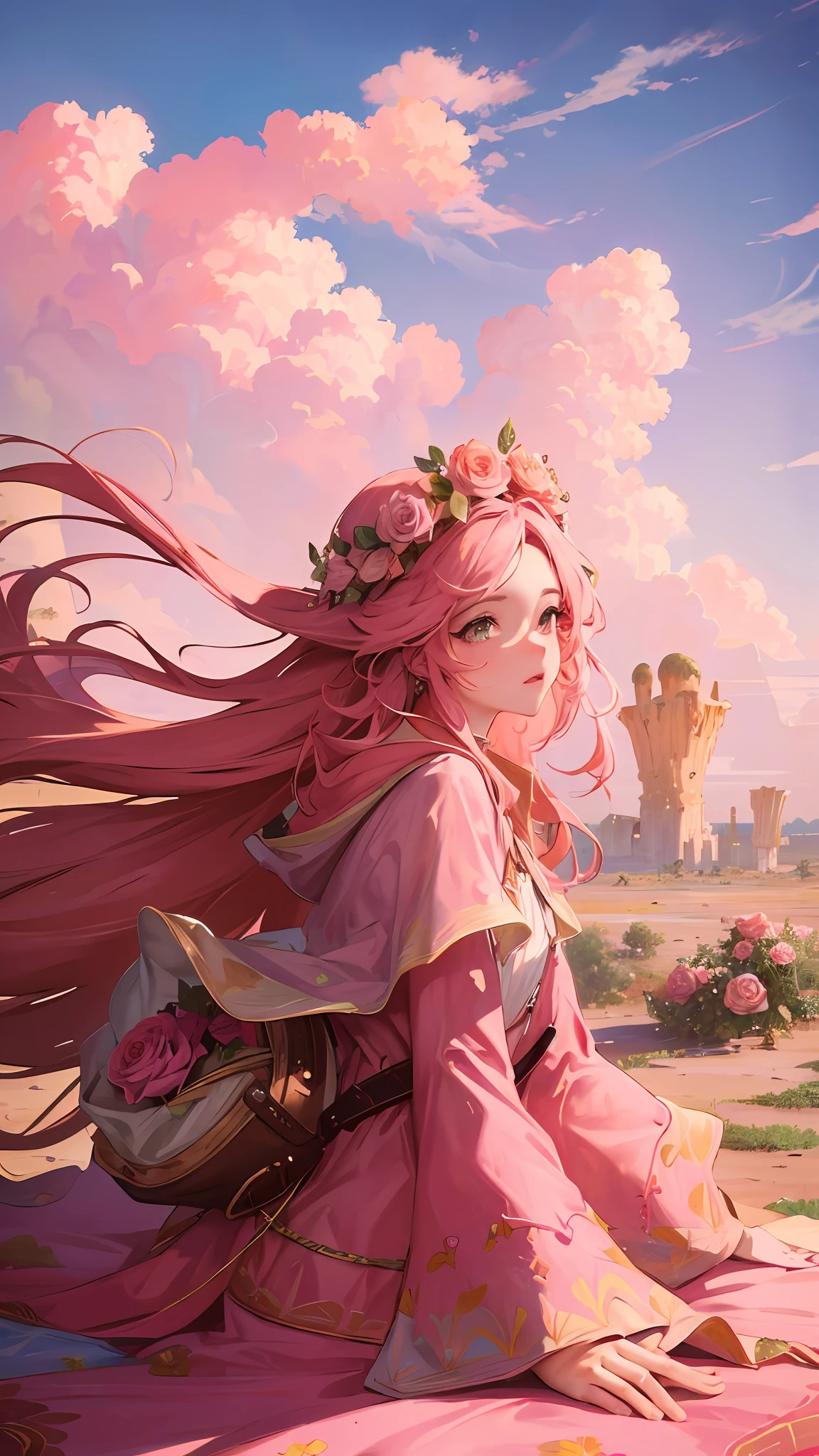 Summer, desert, pink clouds, a land overgrown with roses stands beautiful girl, James Gurney, art station rendered, ultra-wide lens, high definition