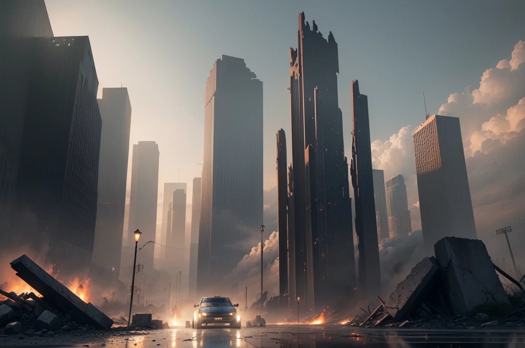 (extremely detailed CG unity 8k wallpaper), (masterpiece), (best quality: 1.2), (high resolution), (illustration: 1.1), (cinematic light: 1.1), fine details, complex details, (best illustration), 8k resolution, complex details, best quality, realism, super detail, best lighting, best shadow, ultra-HD, cryoengine, ultra hd, (detailed reflection), detailed shadows, (((complex details))), smoothness, ((perfect shading)), high-quality metal texture, metallic luster, highly detailed illustration, (semi-realistic: 1.6), (wide_shot: 1.2), futuristic city, fire explosion in the distance, smoke rising above skyscrapers after a nuclear explosion in , wet road, puddle, (((based on Ghost Recon))), street view, dynamic camera angle, (warzone), (((high-quality detailed ruins))), (depth of field), ((cinematic lighting)), (horror )), ((dark fantasy)), lovecraft, spot color, monotonous, red, blood splatter, (better lighting), (hyper-complex details), ((ultra-detailed)), unity 4k, (extremely detailed CG:1.2 ), (8k:1.1), ((landscape)), Artstation, ((author Sui Yishida, Wenjun Ling, Stephen Morrell)), dystopian art, apocalypse art, ((semi-realistic)), (realism) , (dynamic), (nixeu_basic2:0.5),