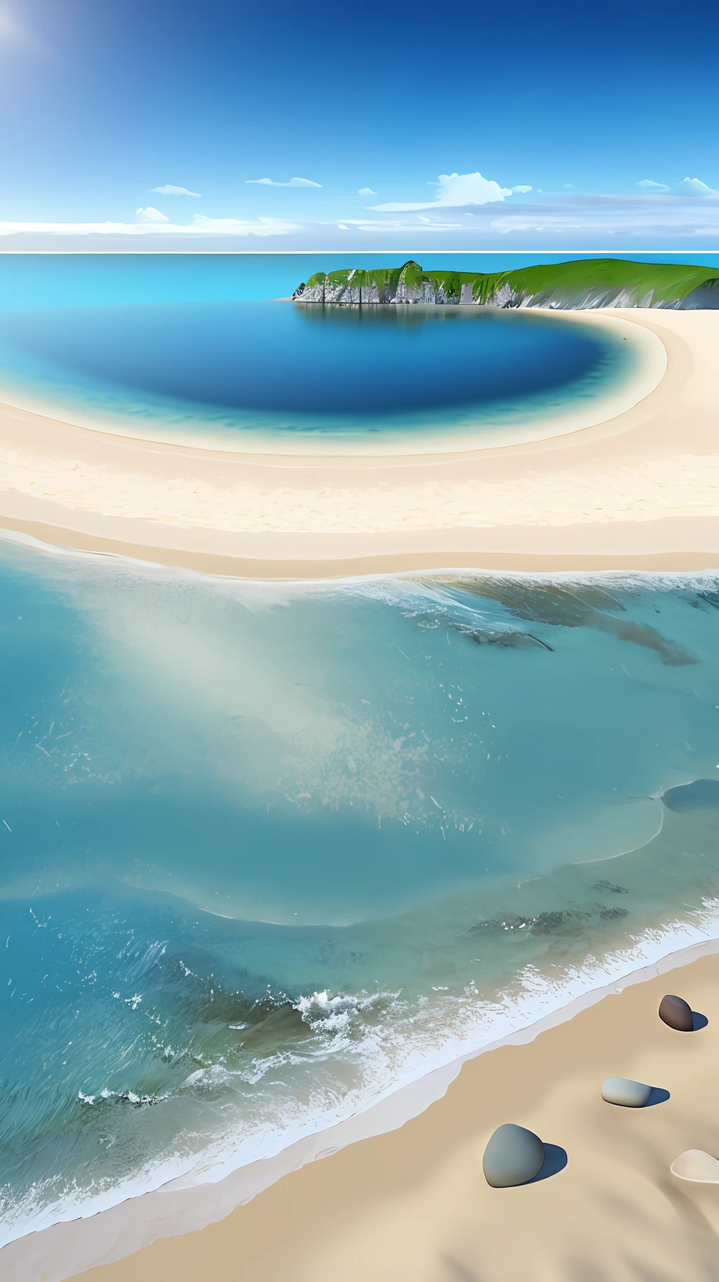 East Pole Island, beach, tide, waves, noon, sunny, transparent pebbles, ultra-realistic, surreal, 16k HD