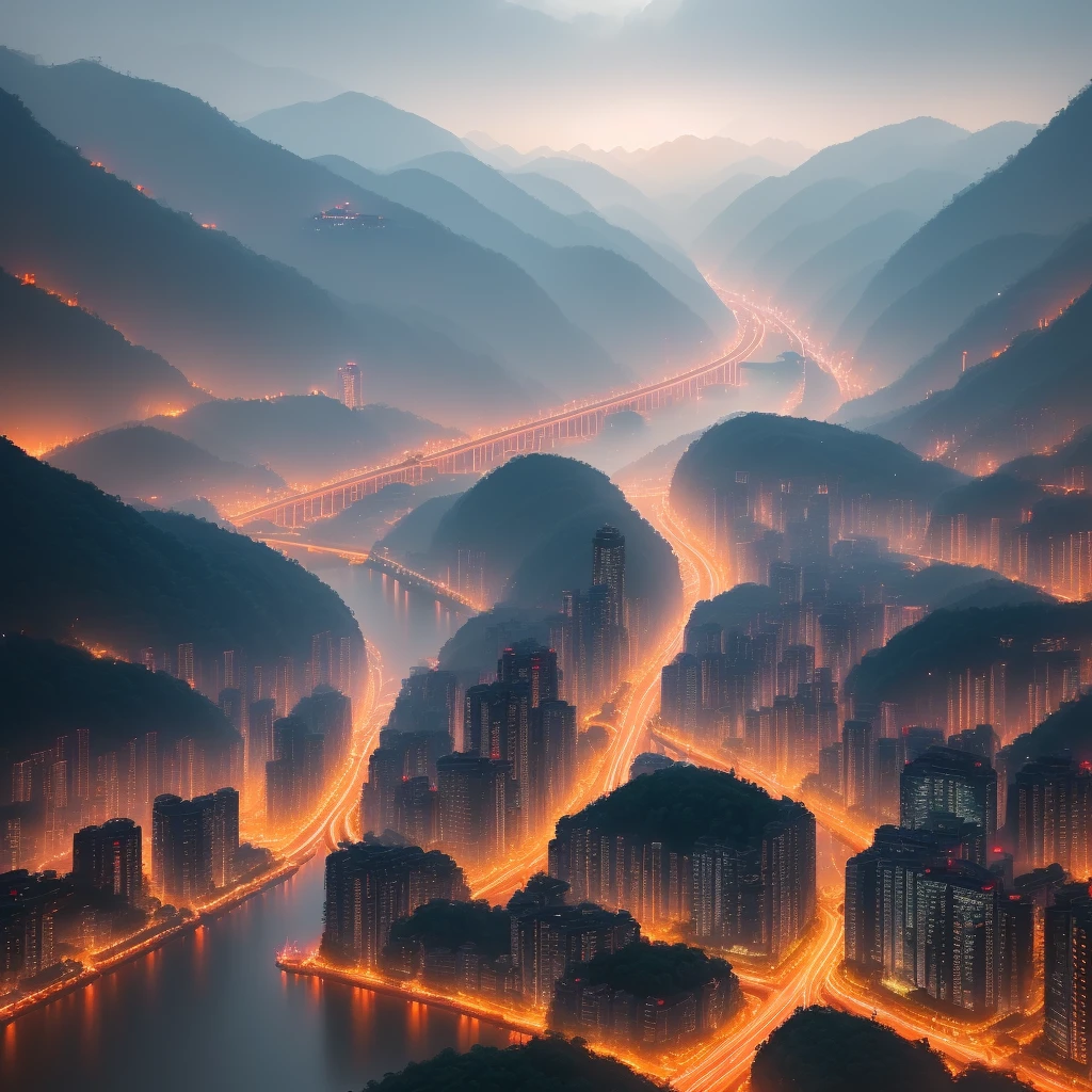 Chongqing hongyadong at night, ablaze with lights, Jialing River, terraced forms, Cyberpunk, magic, light and shadow, panoramic, realistic,, ultra HD, extreme detail, --q 2 --s 500