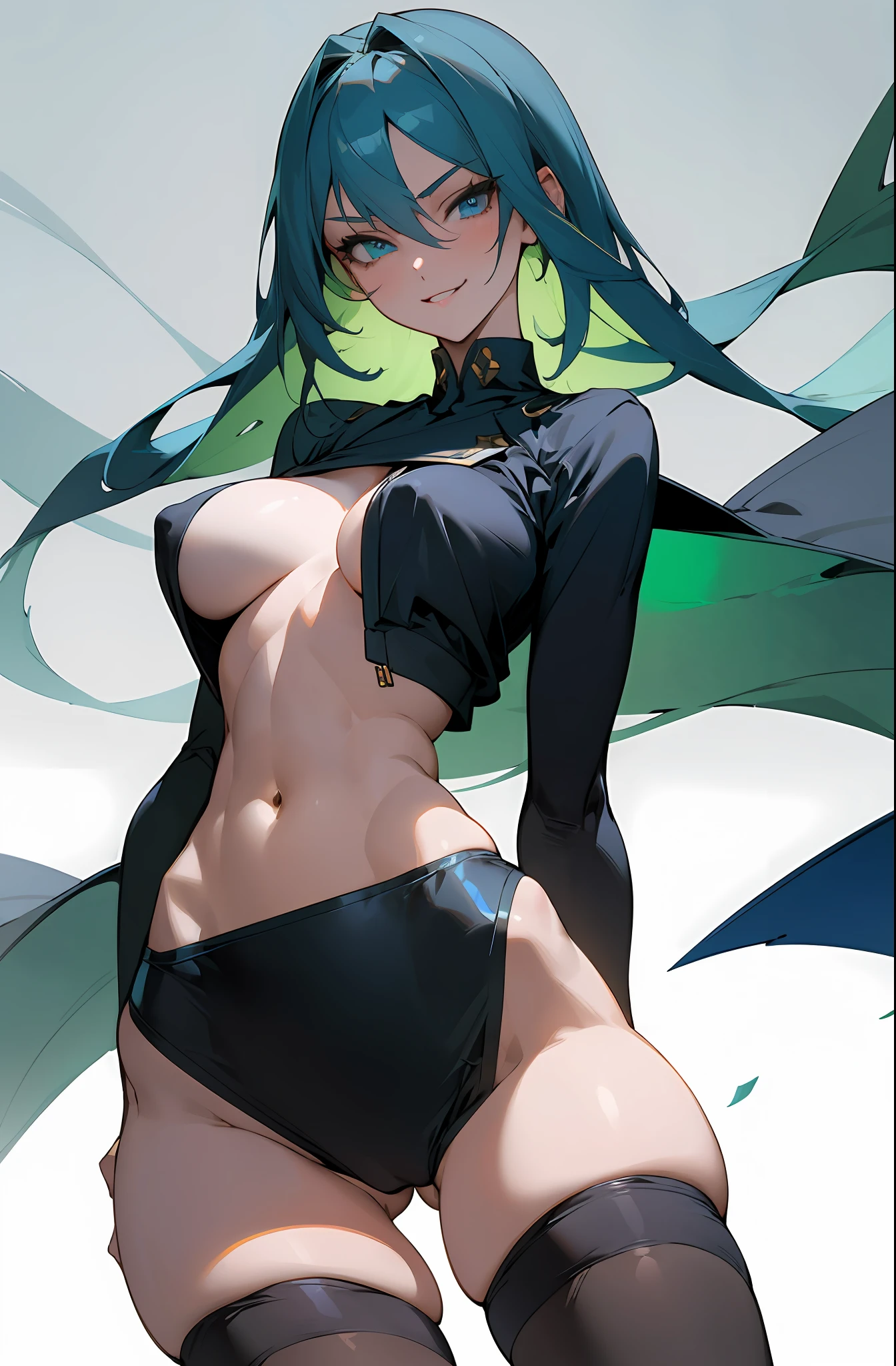 girl, tall, hidden arms, blue_and_green hair, detailed pretty eyes, navy blue eyes, evil smile, medium boobs, long areolas, mid waist, ripped abdomen, medium thighs, school uniform, long black stockings, detailed clothes, sexy pose, masterpiece, hyper realistic, high definition