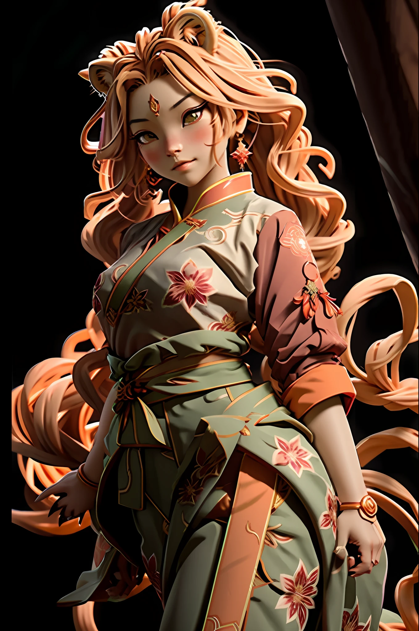GeminiArmor,杰作,最佳品质,专注,shihlaon lion anime poster with a big orange lion on top, in the style of chinese tradition, zbrush, contrasting light and dark tones, children's book illustrations, chinapunk, captivating visual storytelling, innovative page design
