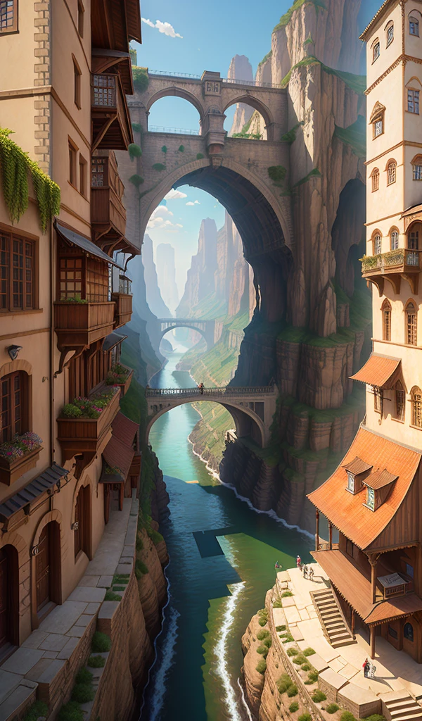 ((masterpiece)),((best quality)),((high detail)),((realistic,)) Industrial Age city, deep canyons in the middle, architectural streets, bazaars, bridges, sunny days, steampunk, Czech architecture