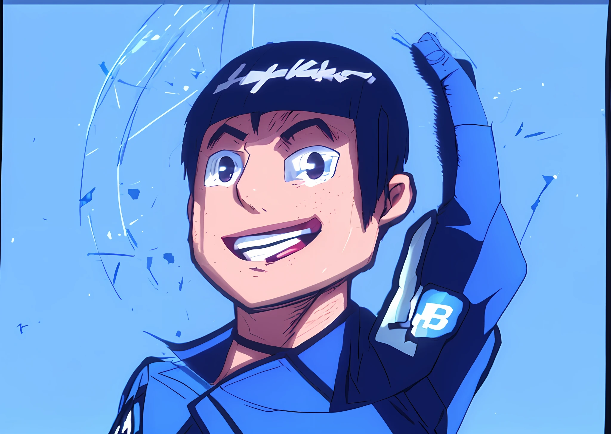 portrait of 1man wearing blue uniform, finger point up, anime style