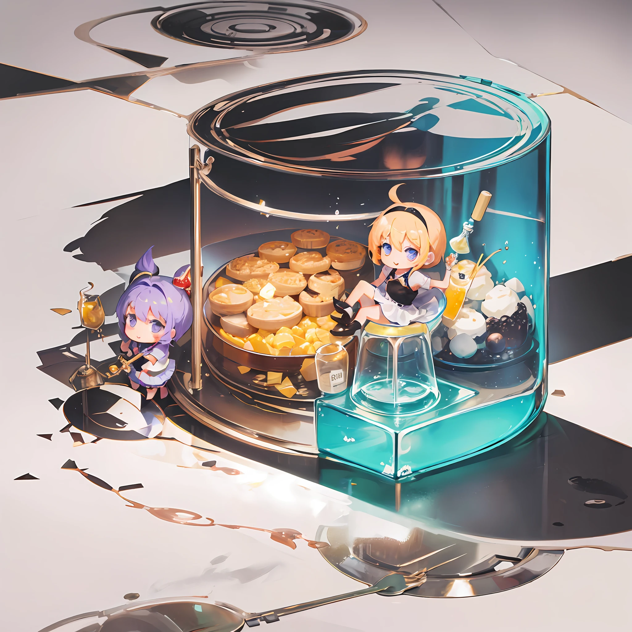 [(White Background: 1.4)::5], (Chibi: 1.3), Bottle Bottom, Lampstand, Pedestal, Floor, (Food: 1.8), --v 6
