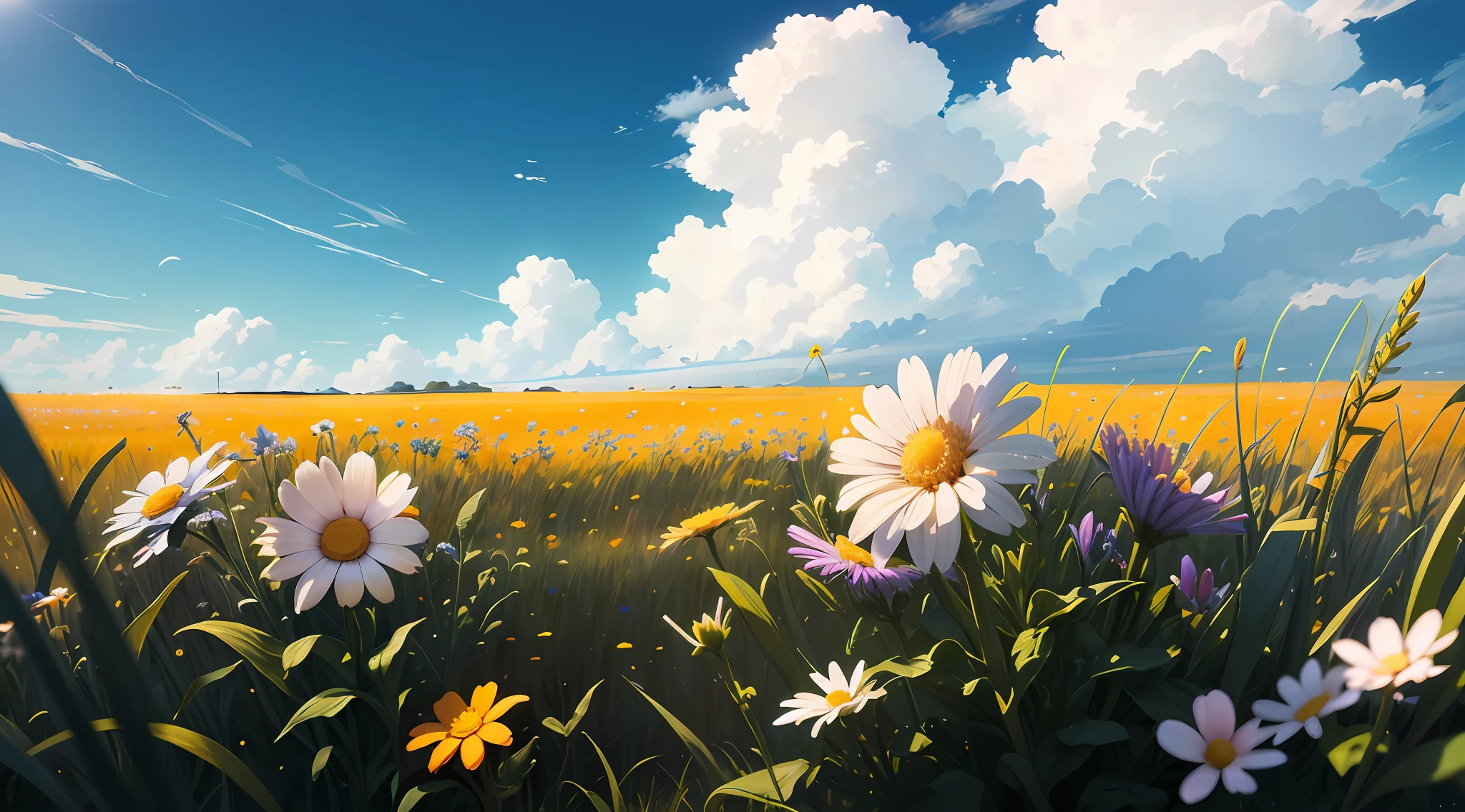 Summer prairie, meadow, few small flowers, large clouds, blue sky, hot weather, HD detail, hyper-detail, cinematic, surrealism, soft light, deep field focus bokeh, ray tracing, and surrealism. --v 6
