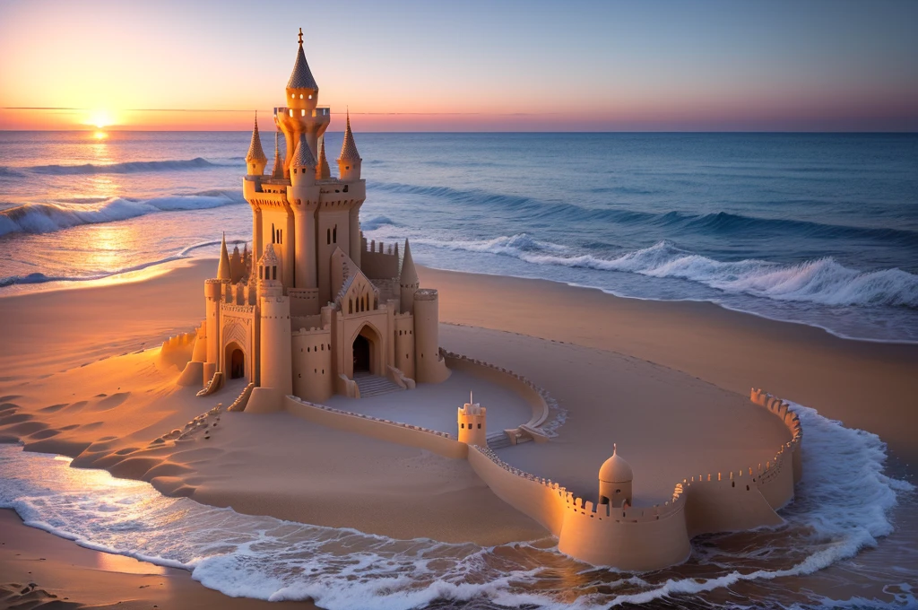(extremely detailed), (best quality, masterpiece), tranquil, shimmering sand, gleaming, fading sunlight, beautiful waves, (exquisite sand castle standing tall on a tranquil beach at dusk), wide shot, waward winning photography, higly detailed --v6